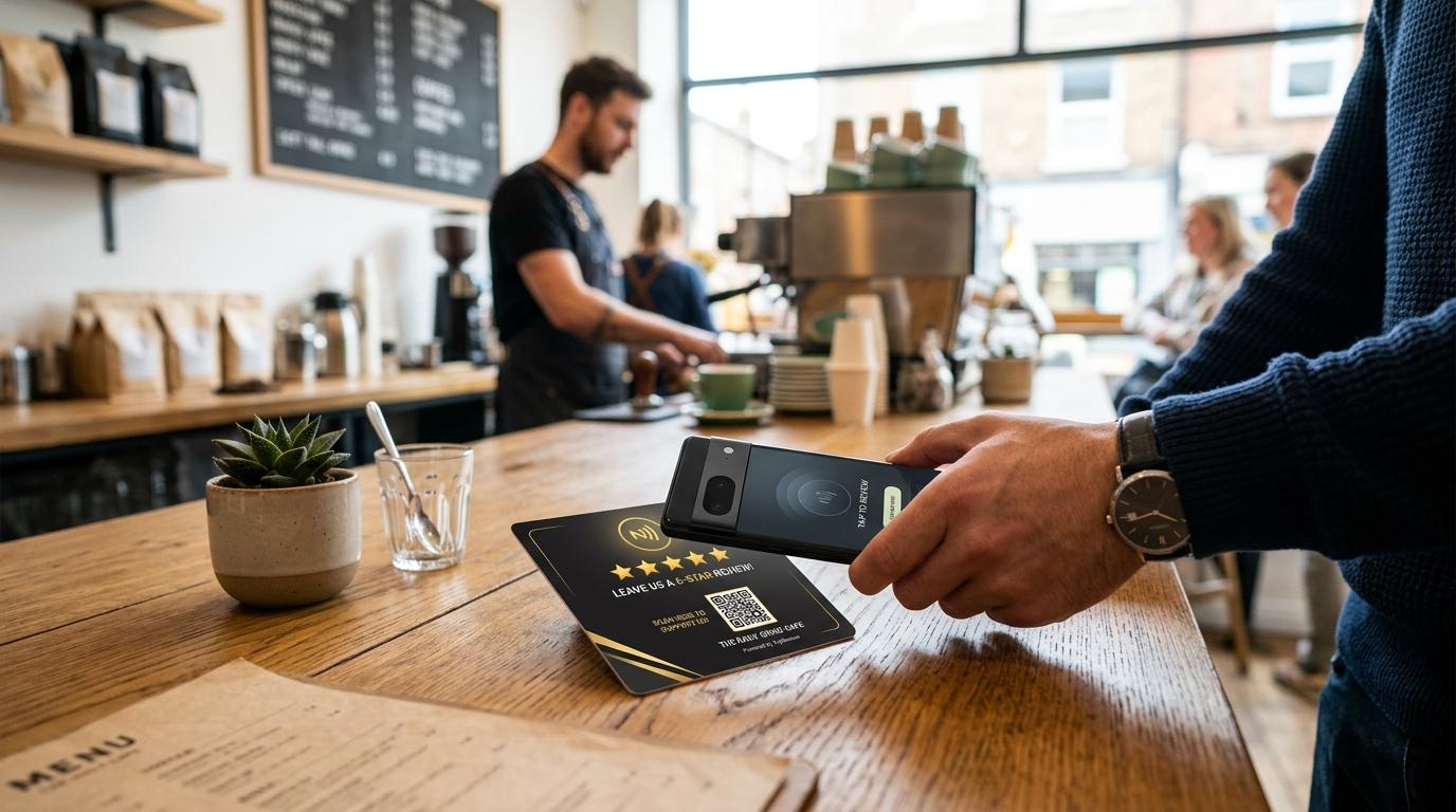 Customer tapping a smartphone on a Google Review NFC card on a cafe counter
