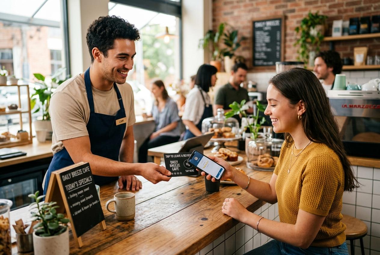 A server presenting an NFC card to a customer who taps it