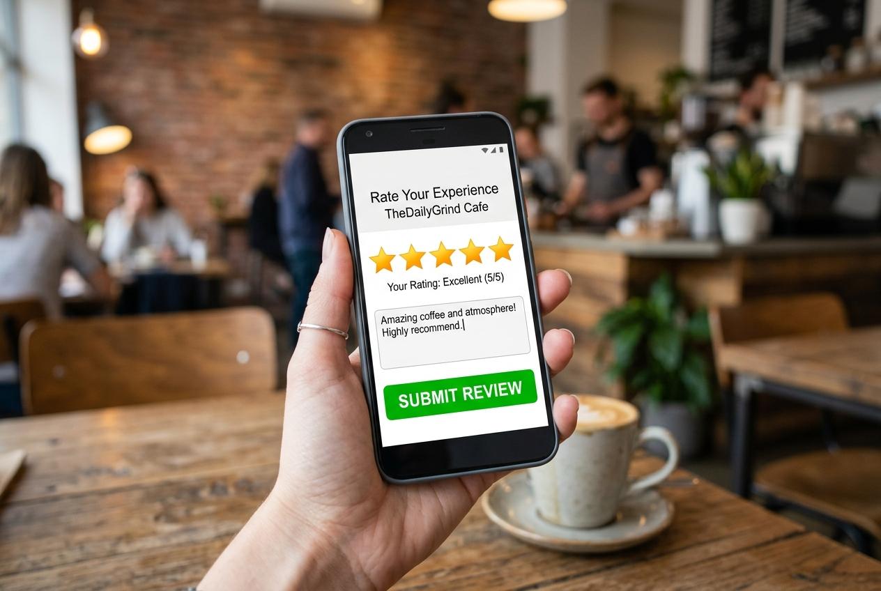 Smartphone screen showing 5 stars and a submit button